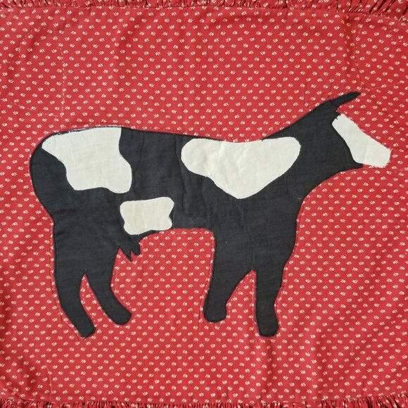 Vintage Cow Pillow Cover Ruffled Red Calico Cotton Holstein - Picture 2 of 11